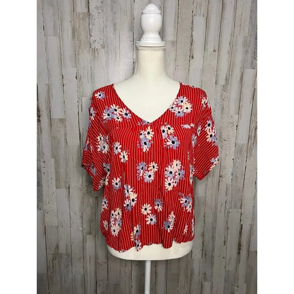 Madewell Women's Large Floral Cropped Blouse Red V-Neck Short Sleeve